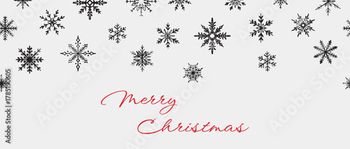 Hand drawn snowflake border with Merry Christmas in red script. Vector sketch illustration in vintage crayon charcoal style. Falling snowflakes banner, holiday invitation.