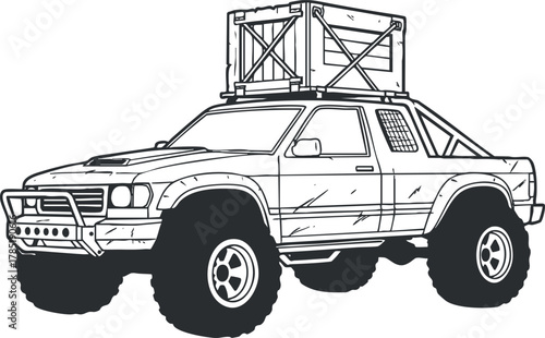 Detailed lineart vector illustration of an off-road truck with a cargo container, ideal for adventure and transportation themes.