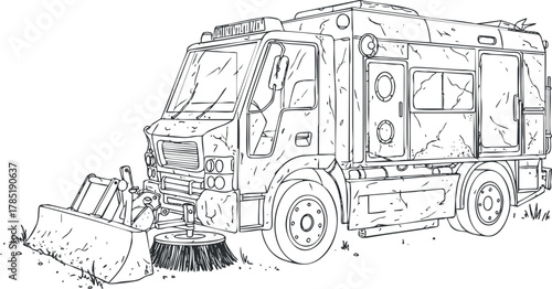 Outline vector illustration of a street cleaning truck designed for urban maintenance and public service projects