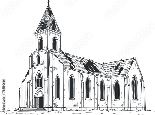 Detailed hand-drawn vector illustration of a historic church with Gothic architecture, suitable for design and art projects