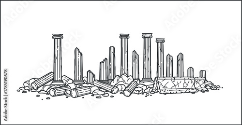 Outline vector illustration of ancient ruins featuring broken columns and stone debris, ideal for historical and architectural themes.