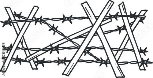 Hand-drawn vector illustration of an abstract barbed wire fence design, ideal for security and caution themes.