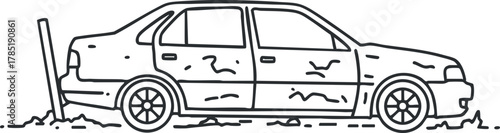 Outline vector illustration of an abandoned car in a dilapidated state, ideal for urban decay themes or graphic design projects.