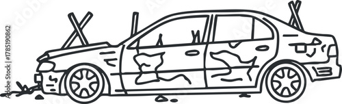 Outline vector illustration of an abandoned wrecked car with a dilapidated appearance for urban decay concepts