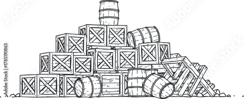 Hand-drawn vector illustration of a rustic pile of wooden crates and barrels, ideal for vintage design projects and packaging.