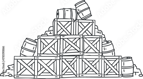 Hand-drawn outline illustration of a stack of wooden crates and barrels, suitable for logistics and shipping design projects