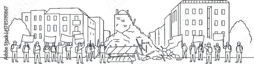 Outline vector illustration depicting a protest scene with people holding banners in an urban setting.