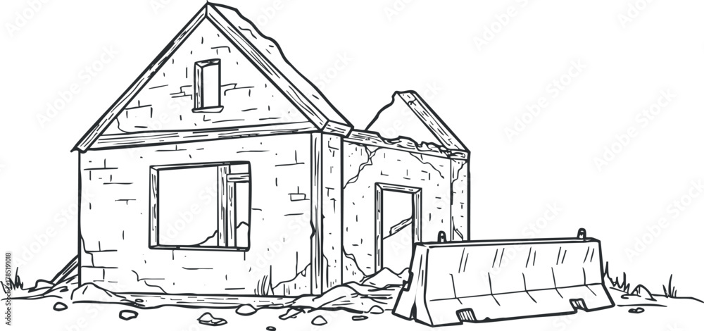Fototapeta premium Outline vector illustration of an abandoned house in a state of decay, suitable for design and artistic projects.