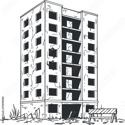 Outline vector illustration of a dilapidated abandoned building, showcasing urban decay for architectural and design projects