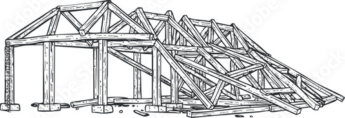 Detailed outline vector illustration of a wooden construction framework for architectural and engineering projects