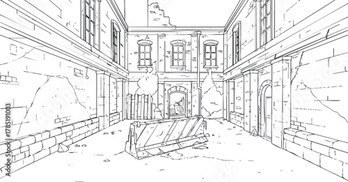 Detailed line art illustration of an abandoned urban courtyard with construction barriers, suitable for architectural projects and creative designs