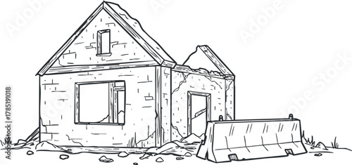 Outline vector illustration of an abandoned house in a state of decay, suitable for design and artistic projects.