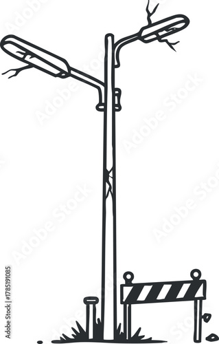 Outline vector illustration of a broken street lamp pole with caution barrier for urban design and safety projects