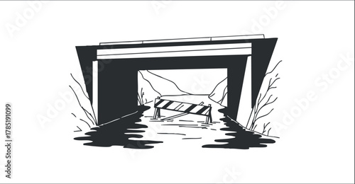 Minimalist black and white vector illustration of a flooded bridge with a barrier, symbolizing road safety and natural disasters.