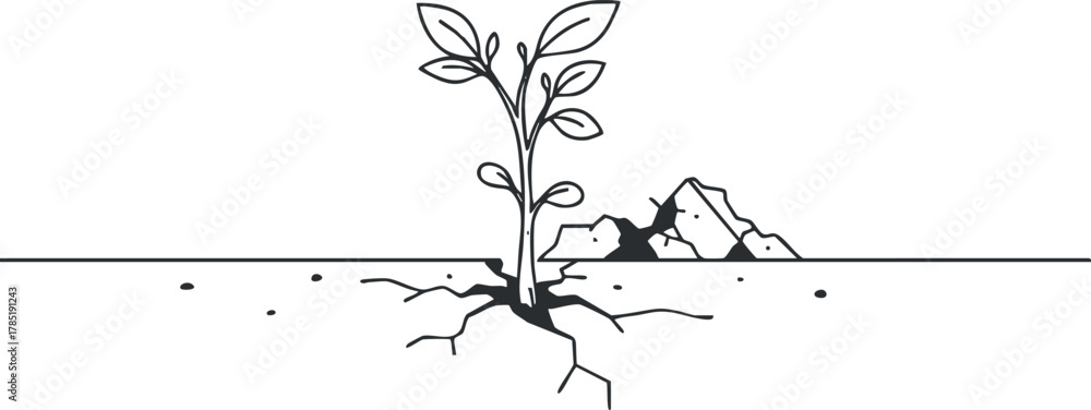 Naklejka premium Minimalist line art illustration of a young plant growing through cracked soil, symbolizing resilience and nature's renewal.