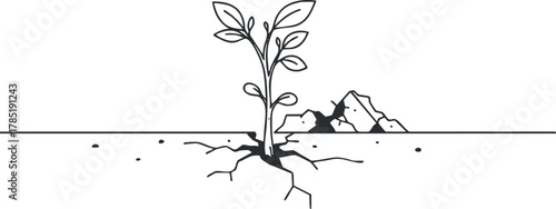 Minimalist line art illustration of a young plant growing through cracked soil, symbolizing resilience and nature's renewal.