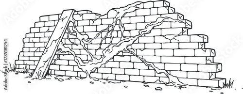 Outline vector illustration of a broken brick wall with overgrown weeds, ideal for architectural and design projects