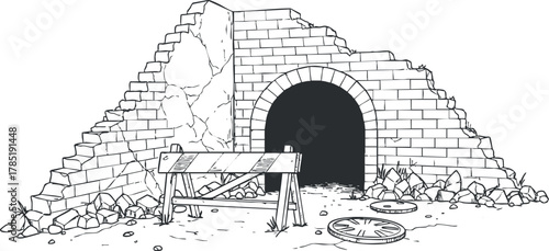 Outline vector illustration of an underground tunnel entrance with bricks, construction barriers, and urban elements for design projects.