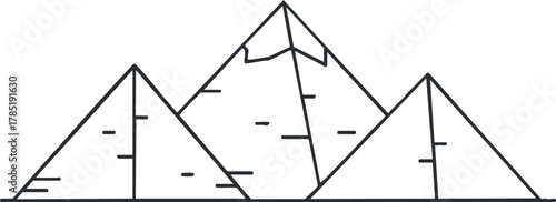 Geometric outline vector illustration of three pyramids set against a minimalist landscape, ideal for travel and adventure themes