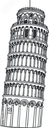 Outline vector illustration of the Leaning Tower of Pisa, a famous architectural landmark in Italy, ideal for travel and tourism designs