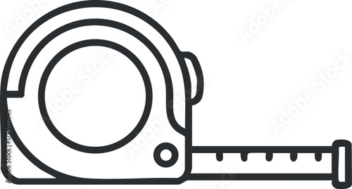 Minimalist black and white vector illustration of a tape measure tool for construction and design projects