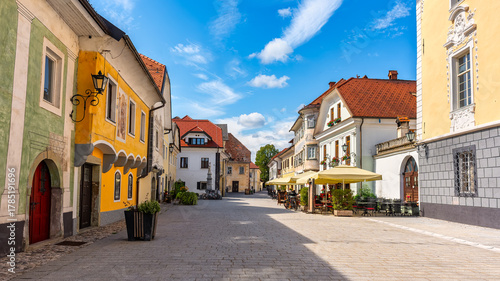 Main square with historic buildings in the Slovenian town of Radovljica.