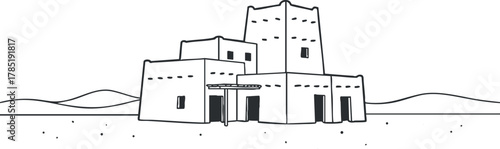 Minimalist line art vector illustration of a traditional desert building for cultural and architectural design projects