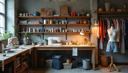 Modern fashion designer studio sewing machines, colorful thread spools on shelves. Clothes rack with various garments, mannequin in denim shorts. Bright, creative workspace for tailoring, dressmaking
