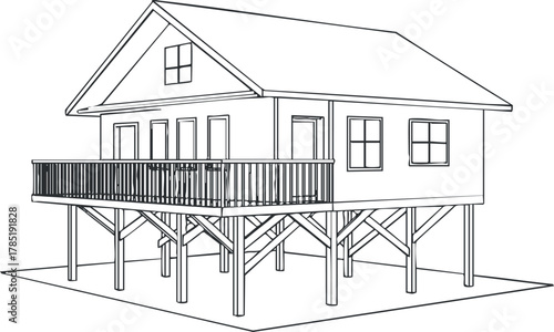 Outline vector illustration of a two-story wooden house on stilts with a deck, suitable for architectural designs and real estate projects