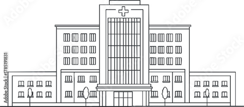 Outline vector illustration of a modern hospital building, suitable for healthcare design projects and medical services branding