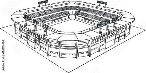 Detailed outline vector illustration of a modern stadium design, suitable for sports events and architectural projects