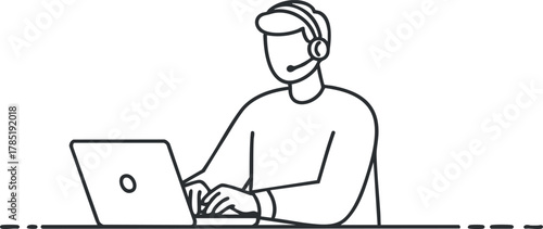 Minimalist line vector illustration of a customer support agent using a laptop and headset in a workspace setting