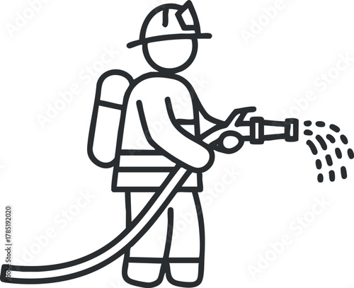 Outline vector illustration of a firefighter using a hose to extinguish fire, ideal for safety and emergency services designs