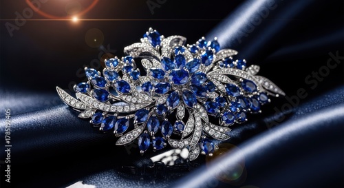 Elegant jewelry brooch with sapphire and diamond embellishments on silk