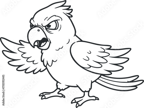 Cartoon-style vector illustration of an angry parrot with wings spread, ideal for children's books or fun designs