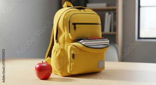 Backpack and Apple: A vibrant yellow backpack stands ready for learning, accompanied by a fresh red apple, symbolizing education and a healthy start to the day.