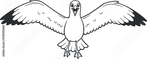 Outline vector illustration of a seagull with outstretched wings, perfect for nature-themed design projects and icons