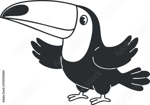 Playful cartoon vector illustration of a toucan bird with exaggerated beak and wings, ideal for nature-themed designs