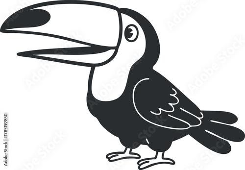 Stylized black and white vector illustration of a toucan bird, perfect for wildlife-themed design projects