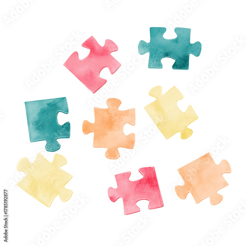 A colorful jigsaw puzzle set. Watercolor illustration with scattered pieces on a white background. Suitable for children's cards, educational games, stickers, presentations, web pages, and decor on