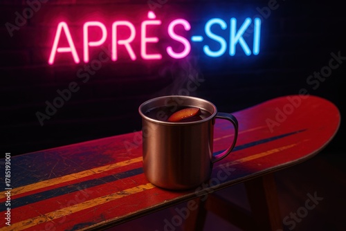 A cozy après-ski scene featuring a steaming cup of plum wine on a colorful snowboard with neon signage in the background. neutral background, clear negative space, clean composition, balanced framing