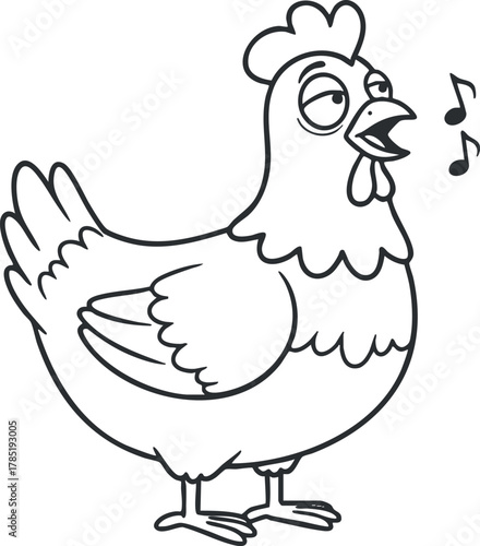 Cartoon-style outline illustration of a singing chicken character, perfect for farm-themed designs and playful projects