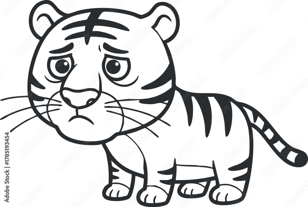 Fototapeta premium Cute cartoon vector illustration of a sad tiger character, ideal for children's books, educational materials, and playful design projects