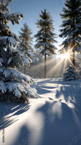 Sunlit winter trees. Snow-covered trees catch the morning sun, creating a peaceful winter scene full of light and shadows.