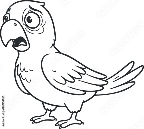 Cartoon outline illustration of a scared parrot character with exaggerated features, perfect for humorous designs and playful projects