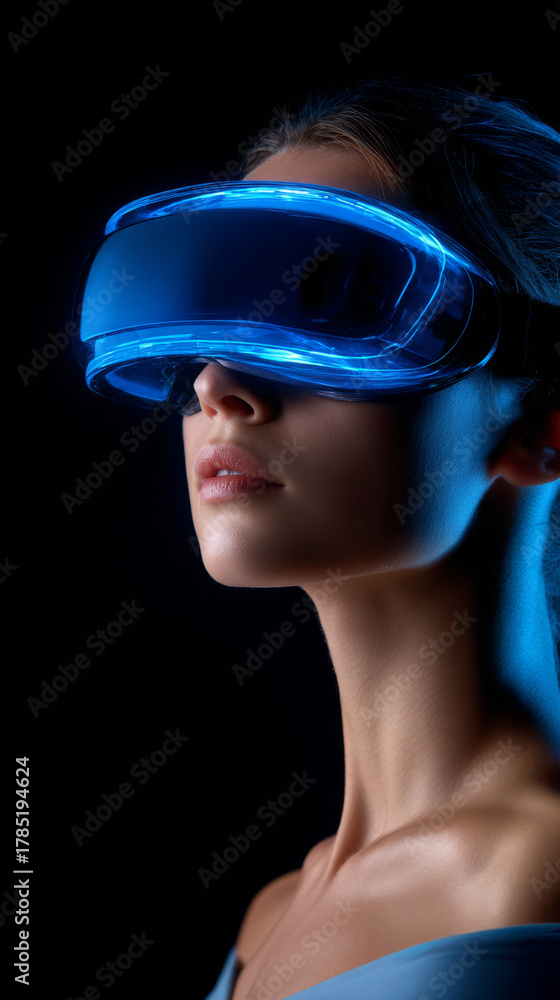 Naklejka premium Woman with blue VR headset. A young woman uses a sleek VR headset in a dark setting, showcasing advanced technology and immersion.