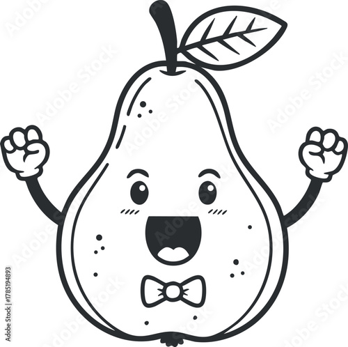 Cute cartoon vector illustration of a happy pear character with a bowtie and a leaf, perfect for children's design projects