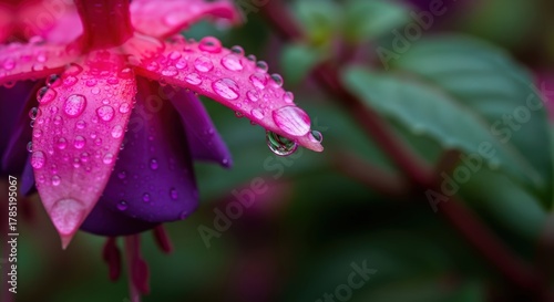 Close up of a vibrant pink and purple fuchsia flower adorned with sparkling water droplets on its petals in soft natural light