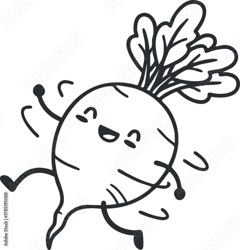 Cute cartoon illustration of a happy radish character with a playful expression, ideal for food-related designs and branding projects