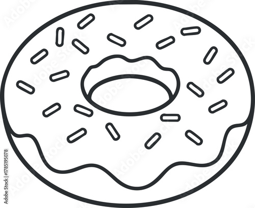 Outline vector illustration of a donut with sprinkles, ideal for bakery branding, packaging design, or food-related projects